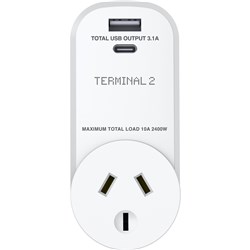 Terminal 2 Outbound Travel Adaptor with USB-A and USB-C Ports Europe