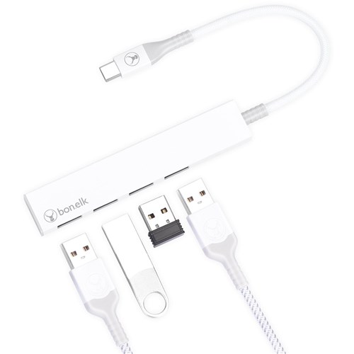 Bonelk Long-Life USB-C to 4 Port USB 3.0 Slim Hub (White)