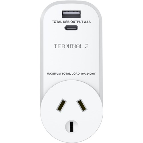 Terminal 2 Outbound Travel Adaptor with USB-A and USB-C Ports Europe