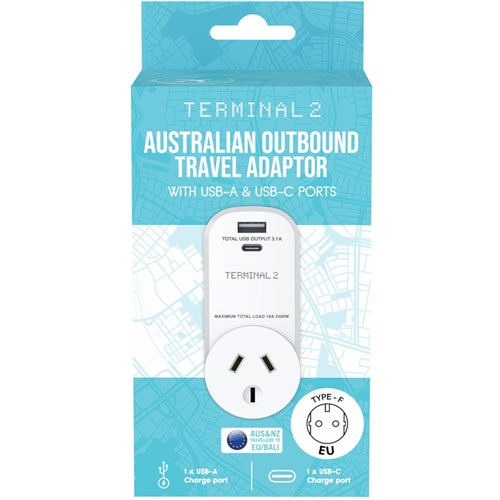 Terminal 2 Outbound Travel Adaptor with USB-A and USB-C Ports Europe