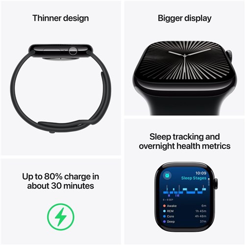 Apple Watch Series 10 46mm Jet Black Aluminium Case GPS + Cellular Sport Band (S/M)[Black]