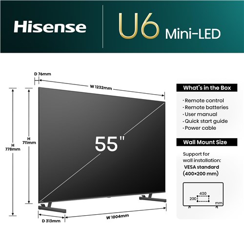 Hisense 55' U6NAU Mini-LED 4K QLED Smart TV [2024]