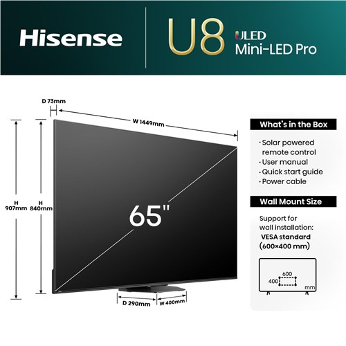 Hisense 65' U8NAU 4K  ULED QD Mini-LED PRO Smart TV [2024]